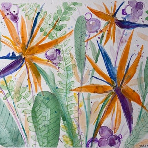 Birds of Paradise flowers - Strelitzia - Tropical Jungle garden watercolor on paper