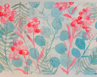 Eucalyptus, fern and neon flowers, botanical garden - watercolor on paper