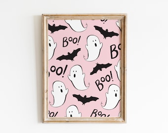 Pink Halloween Poster // Ghosts, Bats, & Boos! // Retro Cute Poster - Digital Download