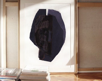 Black Wall Art with Dark Paper Collage Head, Minimal Abstract Print, Large Modern Black Art