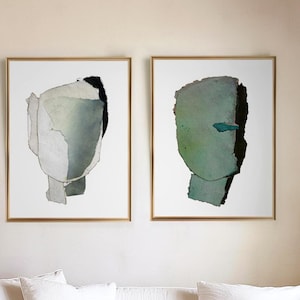 Sage Green Wall Art Set of 2 Art Fine Prints with Abstract Heads of Original Contemporary Paintings