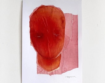 Red Head - Abstract Small Painting on Paper, Original Collage Artwork, Red and Pink Small Wall Art, Gift Idea