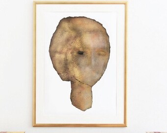 Woman Face, Contemporary Art Print of Golden Painting, Extra Large Gold Wall Art, Modern Abstract Art Work