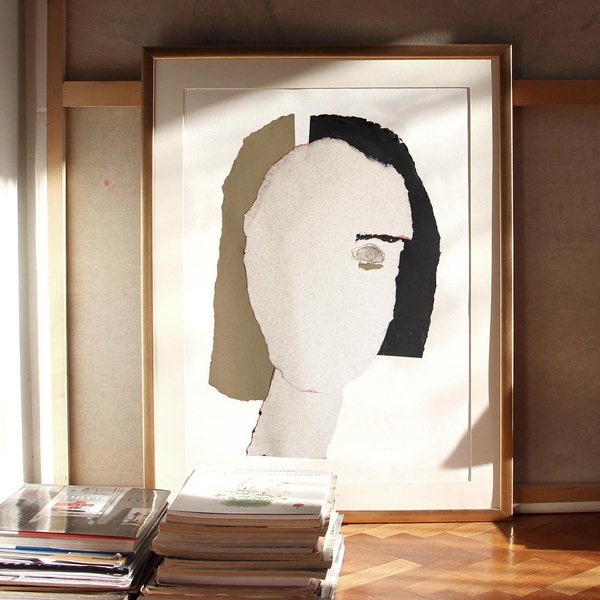 Große Frau Porträt Wandkunst, Neutrales Abstraktes Weibliches Gesicht Kunstwerk, Beige und Schwarz Kunstdruck, Moderne Collage