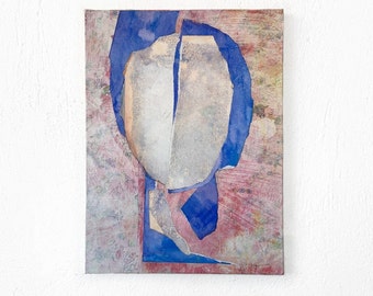 Airy Silhouette - Original Abstract Painting, Contemporary Mixed Media Collage on Canvas, Stylish Blue and Pink Wall Art