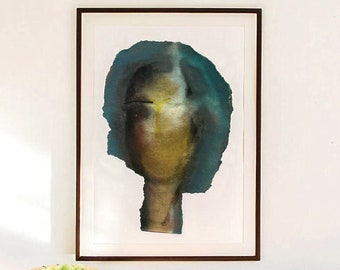 Grand portrait de femme abstrait en vert, impression d'art mural de la peinture originale, oeuvre d'art moderne minimale