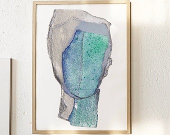 Ondiep water - Grote abstracte hedendaagse kunstprint, eenvoudige kunstwerken, portretkunst aan de muur, zilver en blauw schilderij