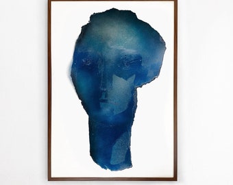 Abstract Blue Art Print, monumentale hoofdvorm, blauw schilderij gezicht, groot modern kunstwerk