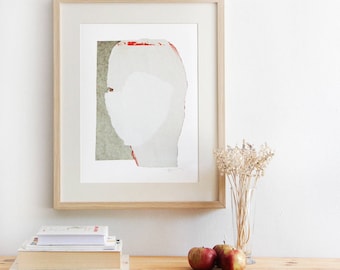 White Art, Pale Abstract Face Wall Art, Fine Art Collage Print from Contemporary Paper Artwork, Cream White Decor