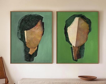 Abstract Painting Prints Set of 2, Extra Large Green, Gold and Cream Wall Art Set, Statement Diptych Art