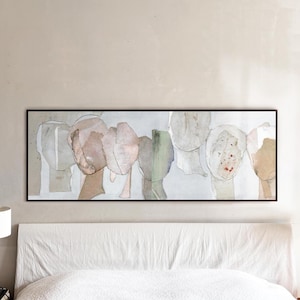 Sin miedos, sin remordimientos - Impresión abstracta horizontal extragrande en gris, beige y blanco, arte de pared panorámico sobre la cama