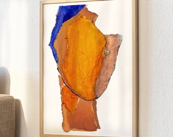 Burnt By The Sun - Textured Print, Modern Large Wall Art Portrait, Abstract Bright Orange And Blue Painting