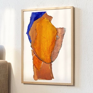 Burnt By The Sun - Textured Print, Modern Large Wall Art Portrait, Abstract Bright Orange And Blue Painting