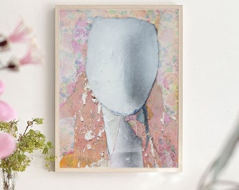 Yesterday - Large Pink and Grey Abstract Portrait Print of Original, Boho Wall Art Decor, Modern Rustic Art