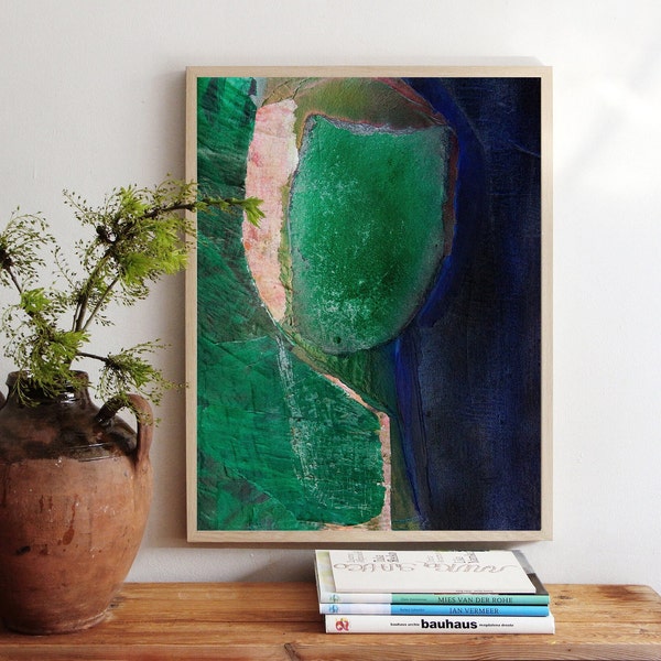 Verloren in het groen - abstracte smaragdgroene en blauwe muurkunst, humeurige maximalistische kunstprins, grote donkergroene kunst