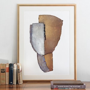 Abstract Brown, Grey and Golden Beige Wall Art Print of Original Minimalist Collage, Earth Tone Decor, Faceless Simple Painting