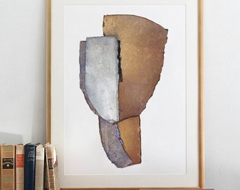 Abstract Brown, Grey and Golden Beige Wall Art Print of Original Minimalist Collage, Earth Tone Decor, Faceless Simple Painting