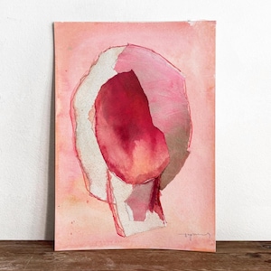 Dipinto originale su carta, testa di donna astratta rosa chiaro e rosso, tecnica mista, formato A4, firmato dall'artista Contemporary Art