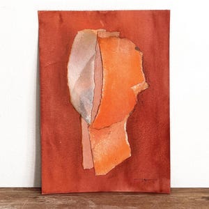 Dipinto originale su carta color arancione brillante e terra di Siena bruciata, calda opera d'arte contemporanea firmata dall'artista, moderna arte ad acquerello