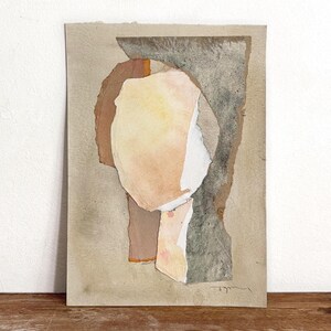 Dipinto beige originale su carta, opera d'arte contemporanea neutra con testa astratta firmata dall'artista, acquerello Wabi Sabi