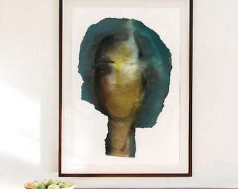 Large Green Abstract Woman Portrait, Wall Art Print of Original Painting, Minimal Modern Artwork