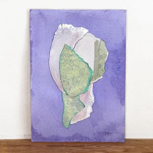 Original Violet and Mint Green Painting on Paper, Abstract Mixed Media Artwork Signed by Artist, Bright Textured Trendy Art