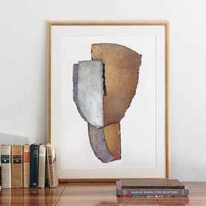 Abstract Brown, Grey and Golden Beige Wall Art Print of Original Minimalist Collage, Earth Tone Decor, Faceless Simple Painting