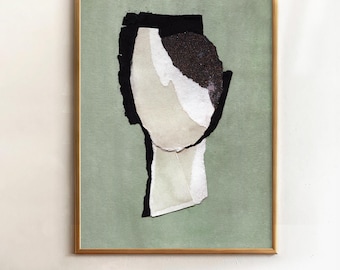 Sage Green, Black and White Abstract Wall Art Print, Wabi Sabi Minimalist Painting