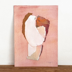 Dipinto originale astratto rosa pesca su carta, opera d'arte minimalista con tecnica mista firmata dall'artista, arte moderna e di tendenza.
