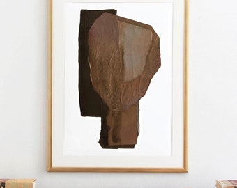 Golden Brown and Black Abstract Portrait Print of Original Collage Painting, Contemporary Minimalism, Modern Wall Art for Living Room