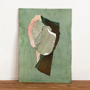 Ritratto astratto originale verde salvia su carta, opera d'arte contemporanea firmata dall'artista, arte mista alla moda con texture.
