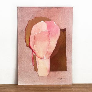 Dipinto originale astratto rosa e marrone dorato su carta, opera d'arte minimalista con tecnica mista firmata dall'artista, arte moderna alla moda