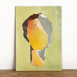 Dipinto originale giallo e verde su carta, opera d'arte acquarellata con tecnica mista firmata dall'artista, arte moderna alla moda