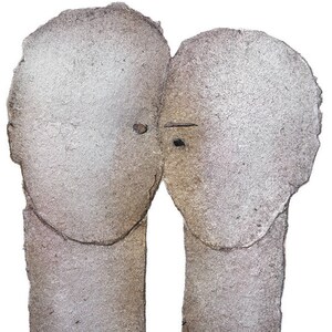 A high quality art print of a romantic abstract portrait of a love couple in shades of grey with silver finish on white. The two heads are composed of torn paper layers with exposed grungy edges and two eyes for accent. The texture is rough.