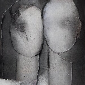 A modern art print of a noir abstract portrait of a grayscale love couple on spray-painted black-and-white background. The heads are from torn paper layers with exposed grungy edges and two roughly outlined eyes. The texture is rough and grainy.