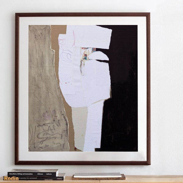 Contemporary Abstract Art, Large Giclee Wall Art Print in Beige, Black and White, Art Reproduction of Original Collage Artwork