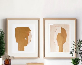 Modern White and Beige Wall Art Set of 2, Large Abstract Heads Art Prints of Original Paper Collages, Living Room Prints Set