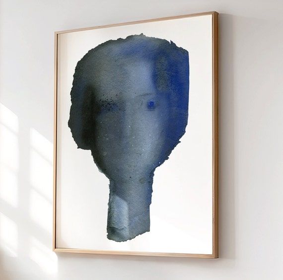 Blue and Grey Woman Painting Print, Female Wall Art of Original Artwork, Gift fo Mom, Minimal Lady Portrait