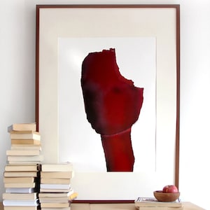 Großer minimalistischer roter Kunst Druck mit abstraktem menschlichen Kopf, modernes burgunderfarbenes Wohndekor
