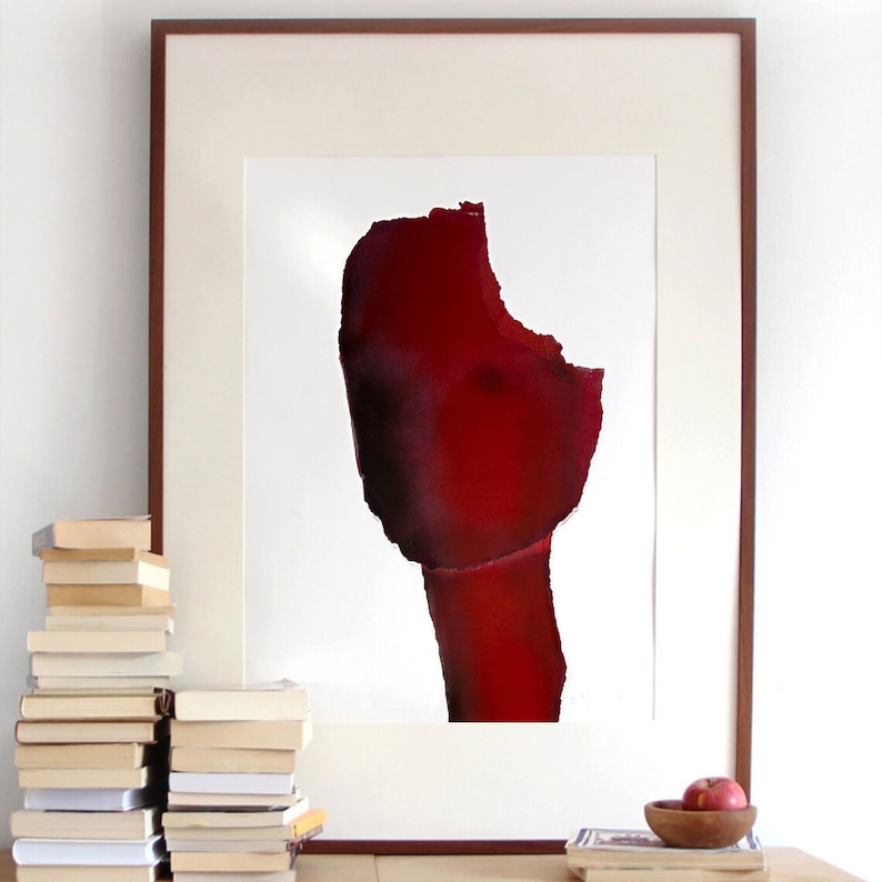 Human Head Large Red Wall Art Print, Modern Abstract Art Work, Burgundy Giclee Poster image 1