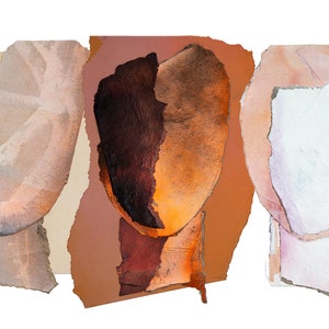 An original art print of three abstract heads. The left- calm, lowered, pale grayish orange on beige. The middle- dramatic, in brown-orange, intense dark wood to blazing orange. The right- pale pinky orange hair and marble white face with violet.