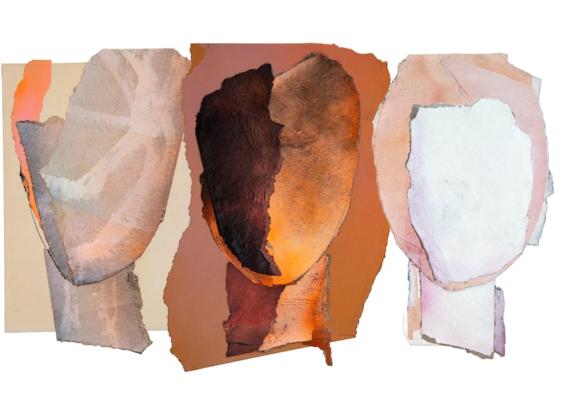 An original art print of three abstract heads. The left- calm, lowered, pale grayish orange on beige. The middle- dramatic, in brown-orange, intense dark wood to blazing orange. The right- pale pinky orange hair and marble white face with violet.