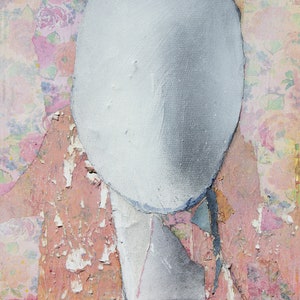 A gentle and tender female abstract portrait pastel tones of salmon and off white on a floral background with violet and orange motives. The collage is made of fine torn to shape paper pieces with rough exposed edges. Rich in texture and soft colors.