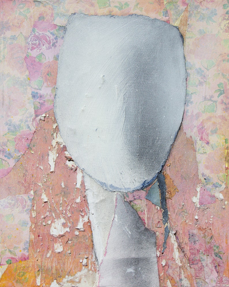 A gentle and tender female abstract portrait pastel tones of salmon and off white on a floral background with violet and orange motives. The collage is made of fine torn to shape paper pieces with rough exposed edges. Rich in texture and soft colors.
