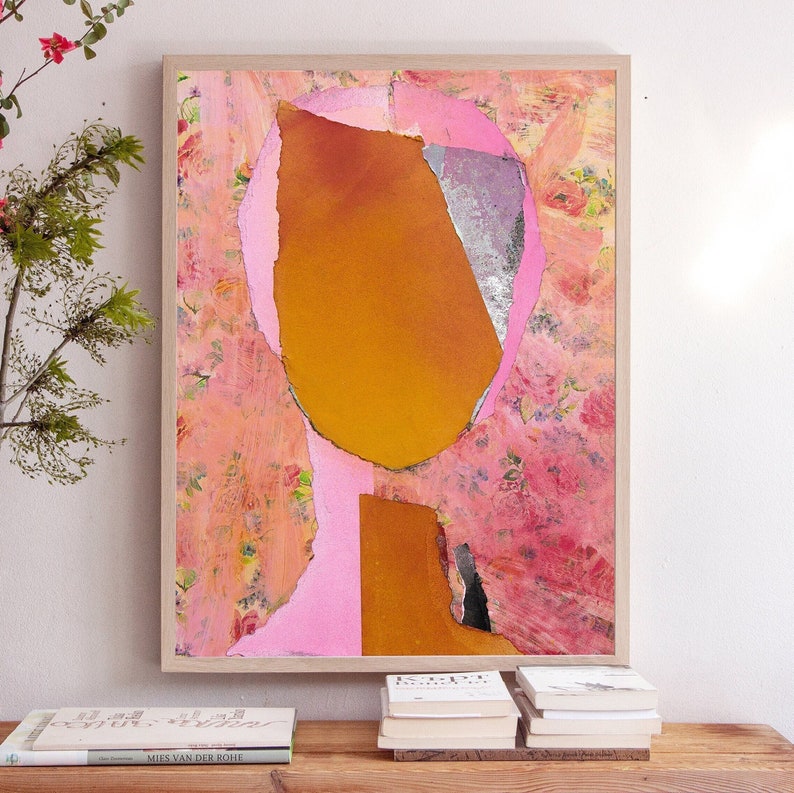 Beautiful Day Modern Abstract Art Portrait, Large Cute Pink and Orange Wall Art, Bright Painting Print of Original Artwork image 1