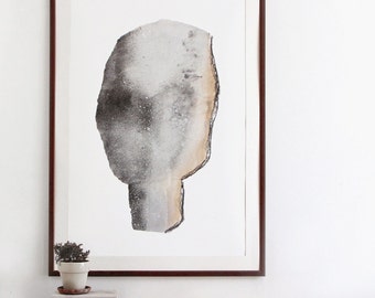 Abstract Gray Head, Large Modern Portrait Poster, Oversized Fine Art Giclee Print, Monochrome Wall Art