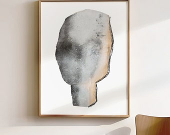 Abstrakter minimalistischer grauer Kopf, großes zeitgenössisches Porträt, übergroßer Fine Art Giclée-Druck, monochrome Wandkunst