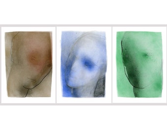 Contemporary Set of 3 Watercolor Prints, Painting Gallery Wall with Fine Art Portraits, Blue, Green and Beige Statement Classy Art