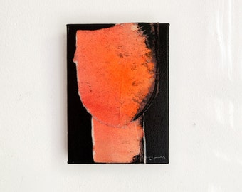 Rising #6 - Small Canvas Painting, Original Abstract Artwork in Bright Orange and Black, Minimalist Art