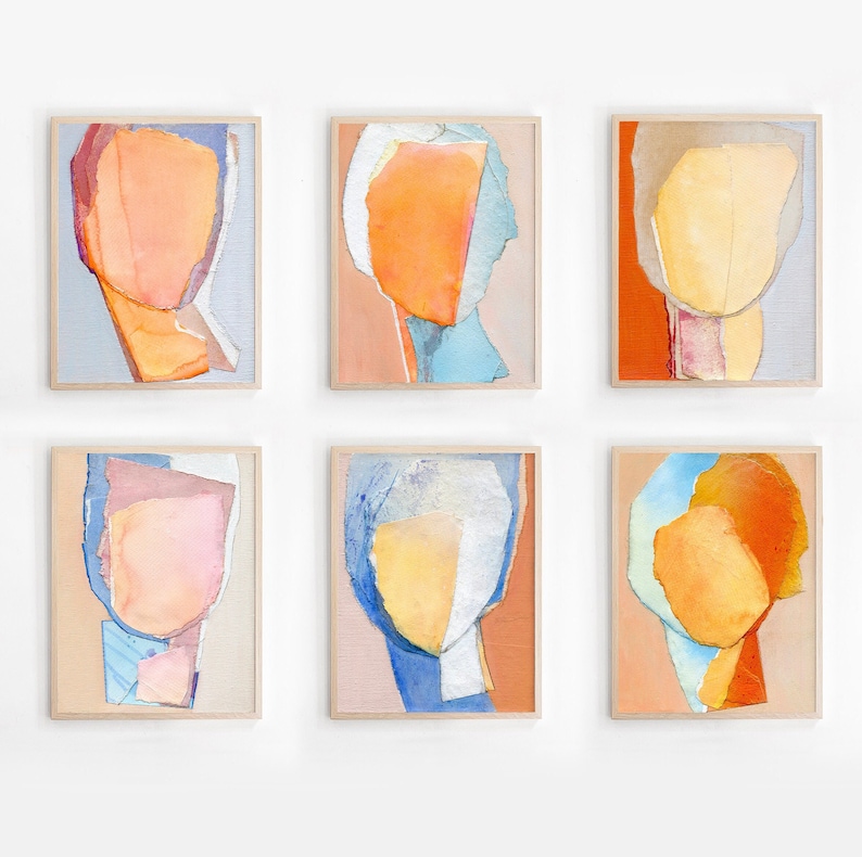 May include: Six framed abstract art prints with a collage style featuring various shades of blue, orange, yellow, and pink. The prints are arranged in a grid pattern on a white wall.